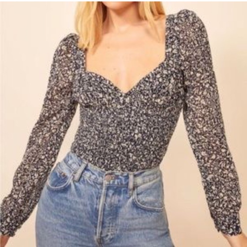 Reformation Russet black and White Floral Blouse